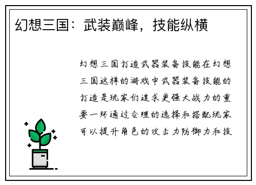 幻想三国：武装巅峰，技能纵横